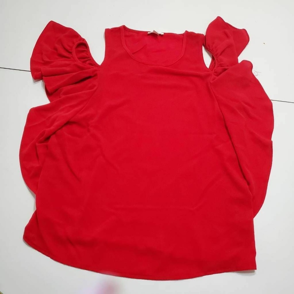 Charming Charlie Womens Blouse Red Flutter Sleeve Scoop Neck Stretch Ruffles S